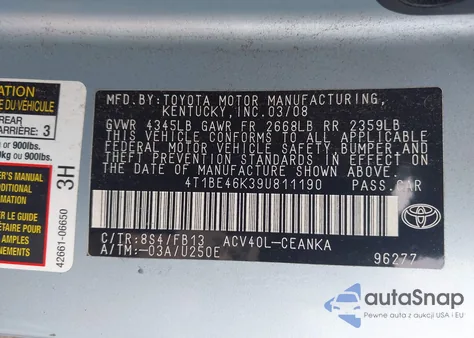 2009 Toyota Camry Le from USA, damaged, VIN 4T1BE46K39U811190
